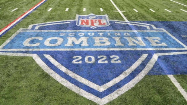 Mar 3, 2022; Indianapolis, IN, USA;General view of the NFL Scouting Combine logo on the field during the 2022 NFL Scouting Combine at Lucas Oil Stadium. Mandatory Credit: Kirby Lee-USA TODAY Sports